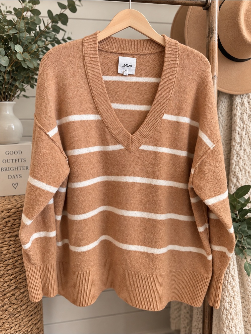 aerie Tan and White Striped V-Neck Sweater